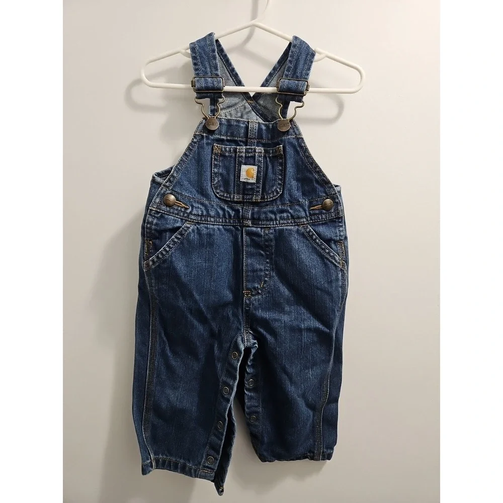 CARHARTT Bib Overalls Denim Jean Size Infant 9 Months Baby Snap Closure Cotton